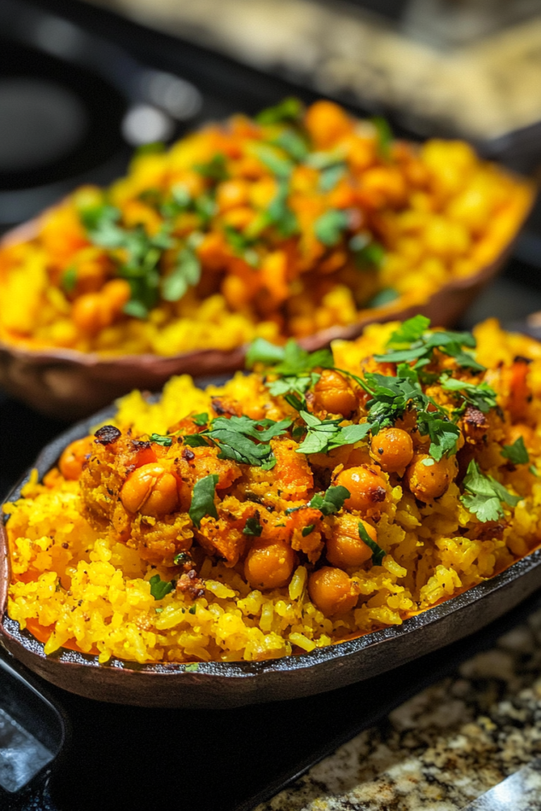 Masala Chickpea Stuffed Sweet Potatoes on Coconut Turmeric Rice