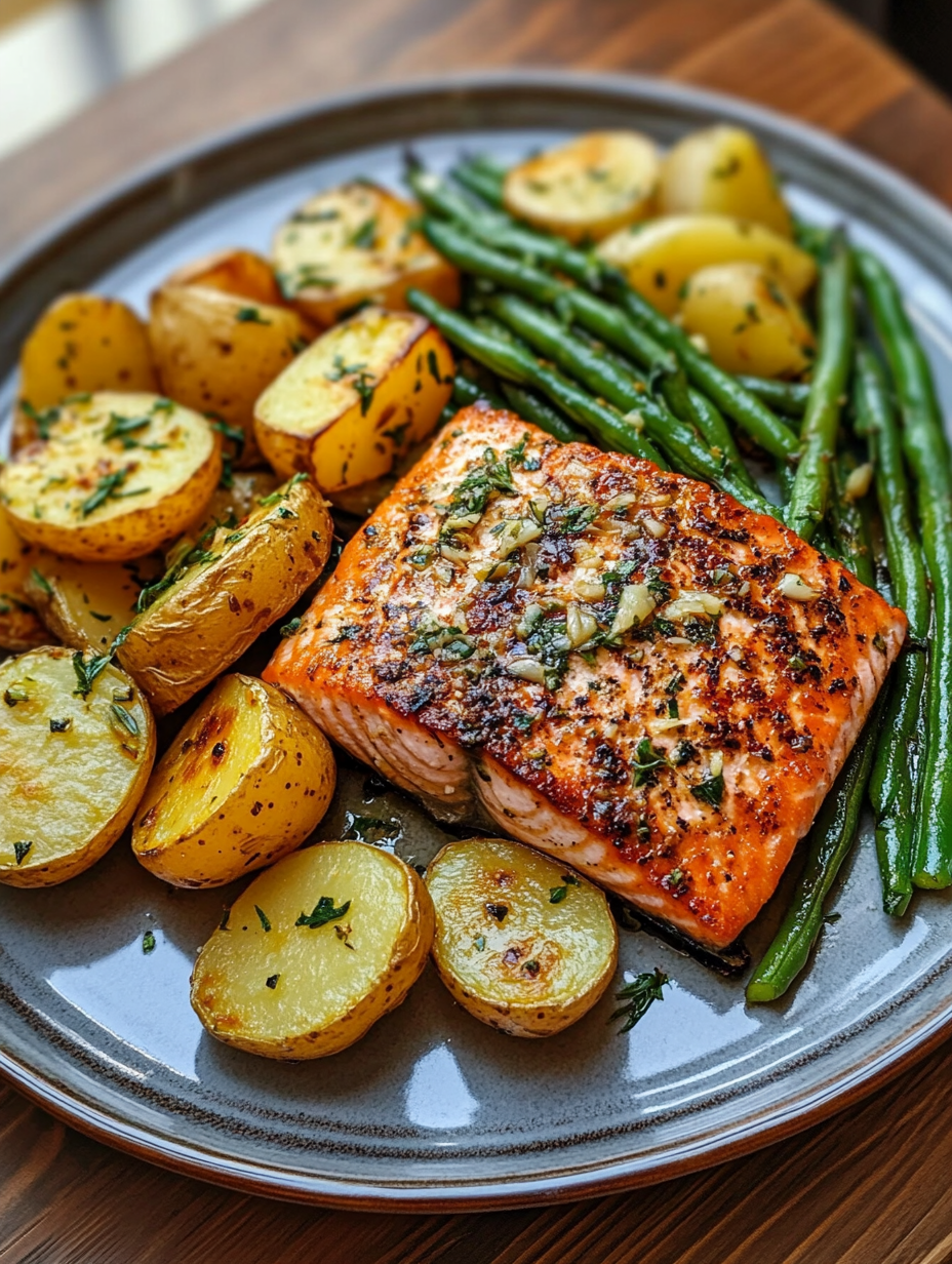 Grilled Salmon with Garlic Roasted Potatoes and Green Beans