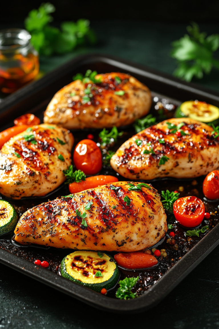 A fresh, vibrant assortment of ingredients for a one-pan lemon herb chicken dinner. Display boneless, skinless chicken breasts, a large lemon with zest, minced garlic, dried oregano, dried thyme, paprika, baby carrots, red bell pepper slices, zucchini slices, and halved cherry tomatoes. The ingredients are neatly arranged on a rustic wooden countertop, with a sprig of fresh parsley for garnish. The lighting is bright and natural, highlighting the freshness and color of each ingredient. Olive oil and salt are also present in simple glass bottles, adding to the natural, wholesome vibe