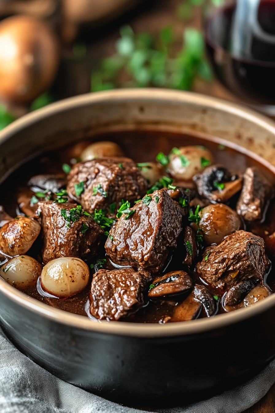 A minimalist flat-lay arrangement of fresh ingredients for Classic Beef Bourguignon, neatly placed on a clean Aluminium RAL 000 40 00 dark grey table. The composition includes raw beef chuck, carrots, celery, onions, garlic, bacon, red wine, mushrooms, pearl onions, fresh thyme, bay leaves, and a small jar of tomato paste. The layout is neat, symmetric, and well-organized, highlighting the vibrant, natural colors of the ingredients. Soft, natural lighting enhances the realistic rendering, showcasing the freshness and quality of each ingredient with a modern and elegant food presentation.